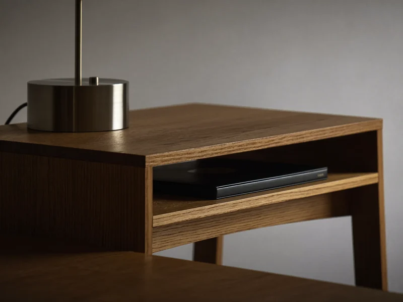 Alzamonitor in rovere con ripiano aperto, quaderno chiuso e lampada piccola