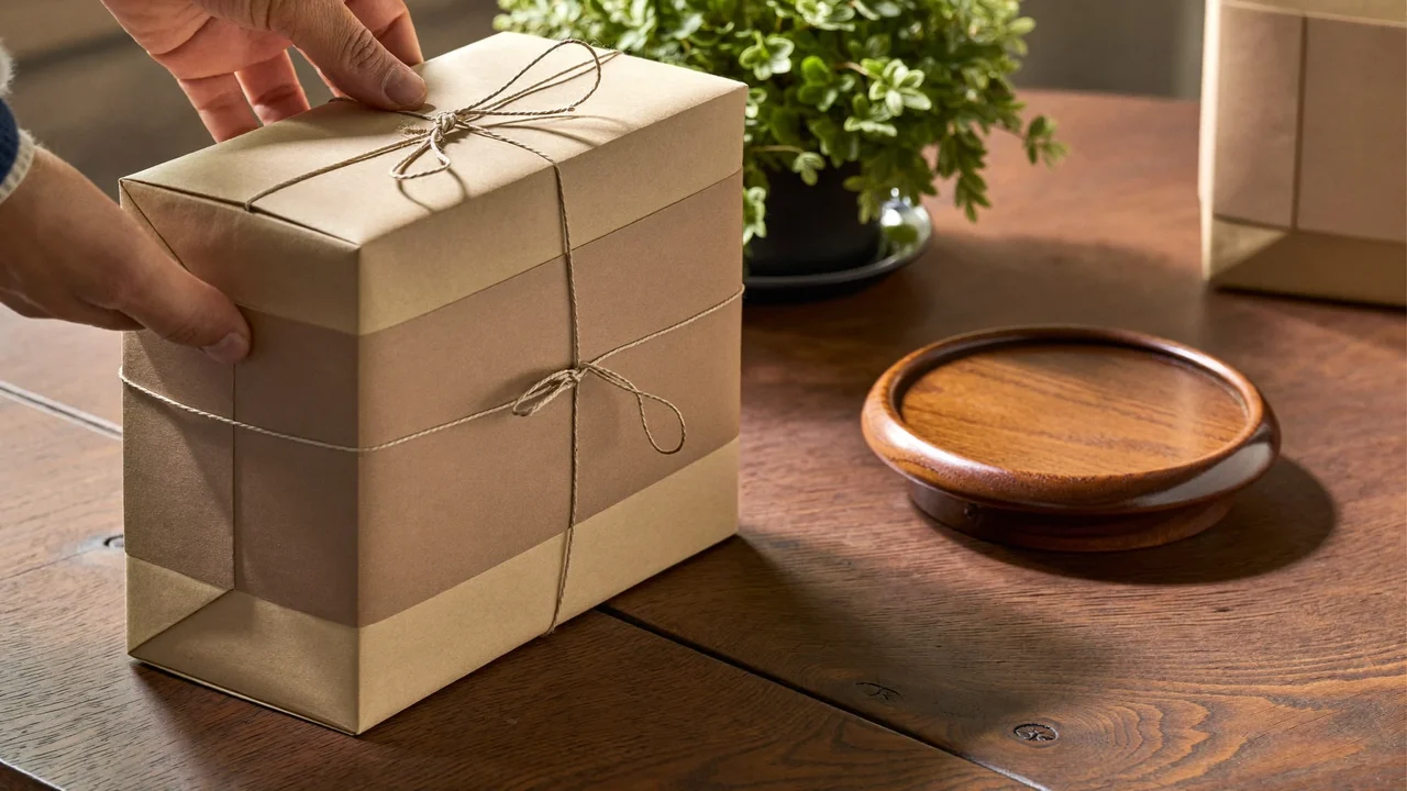 Scatola di cartone kraft con carta e spago accanto a un accessorio da scrivania